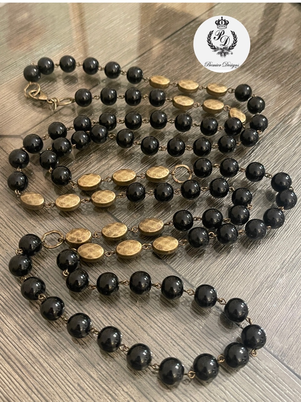 Premier Designs Single Strand Black Beads & Faceted Oval Antique Gokd-tone Beads
